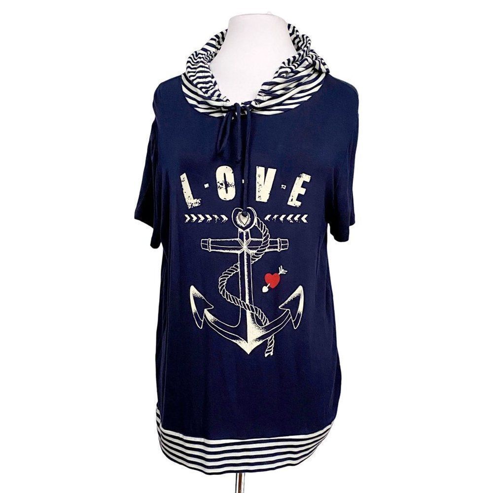 Purple Snow Nautical Love Heart Striped Pullover Hoodie Anchor Navy Stretch 1X